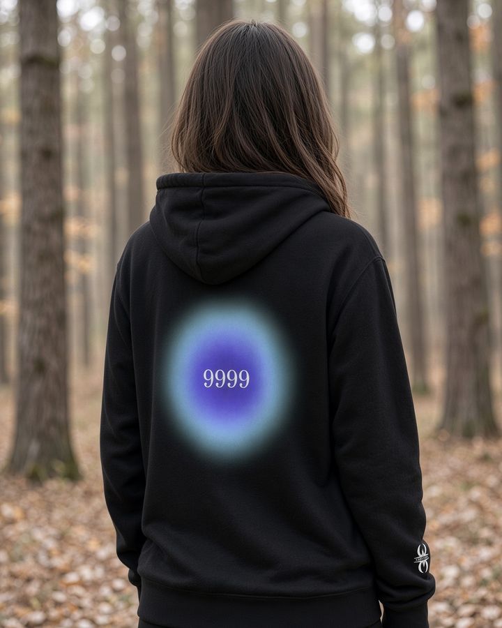 Sort hoodie med 9999 på ryggen.